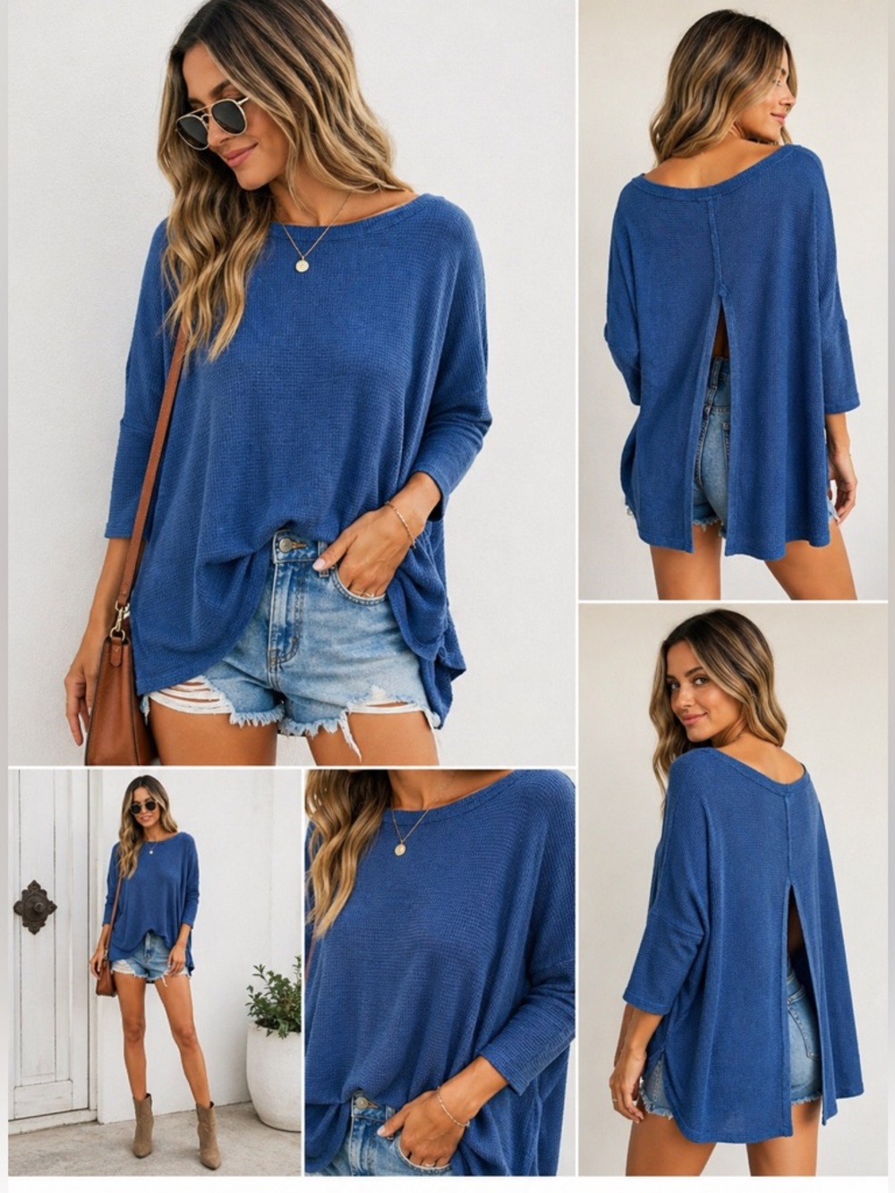 Free People Size Small Oversized Waffle Knit Blue Boho Tunic Top